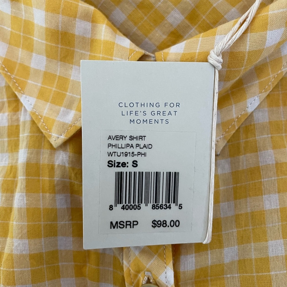 NWT Faherty Avery Short Sleeve Button Up Shirt 100% Cotton Yellow Plaid Womens S - Picture 5 of 10